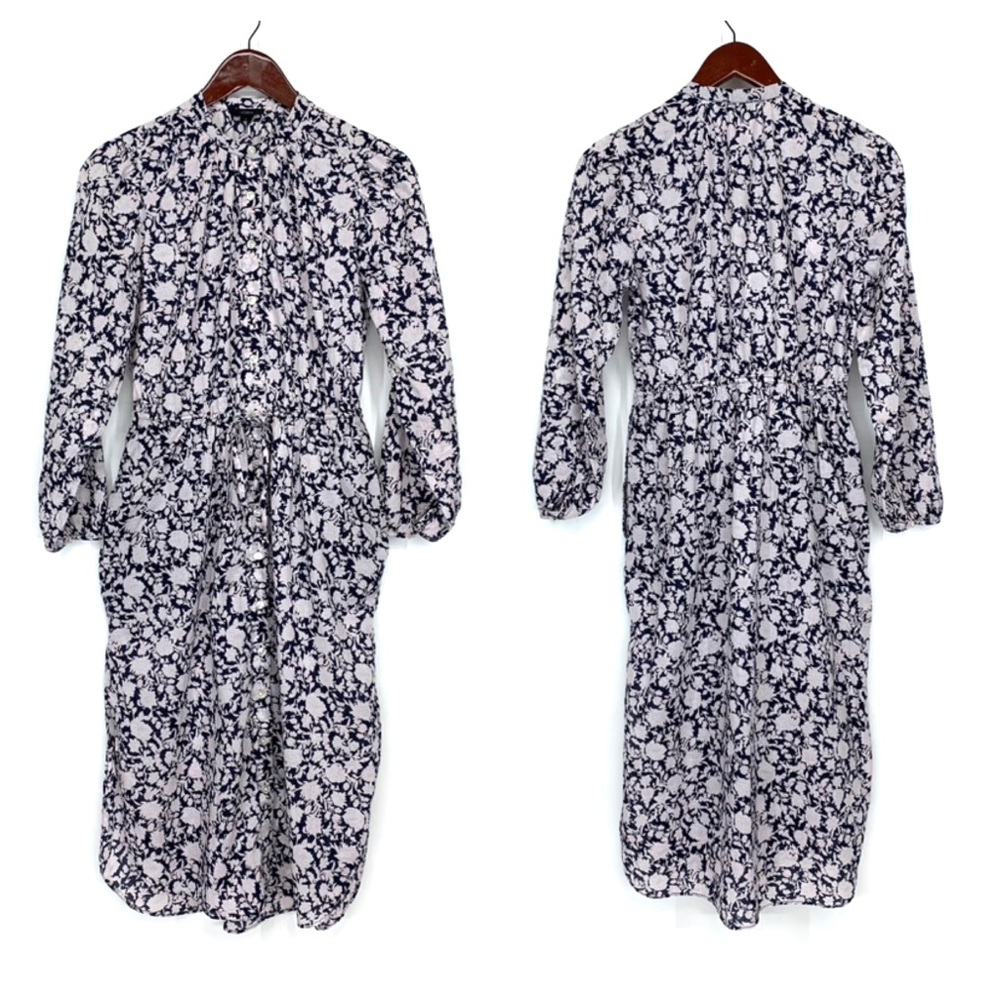 J. Crew White Navy Blue & Lilac Floral Long Sleeve Button Down Dress Size 0